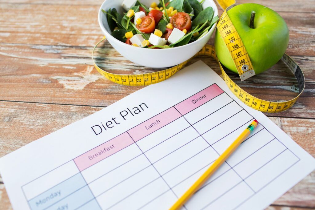close up of diet plan and food on table